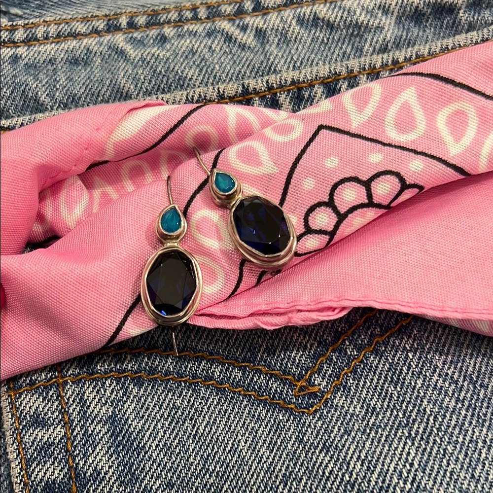 Handcrafted Silver and Blue stone dangle Earrings, color blue jeans